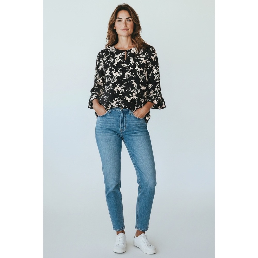 Karl Lagerfeld Paris Black Floral Bell Sleeve Keyhole Blouse Large
